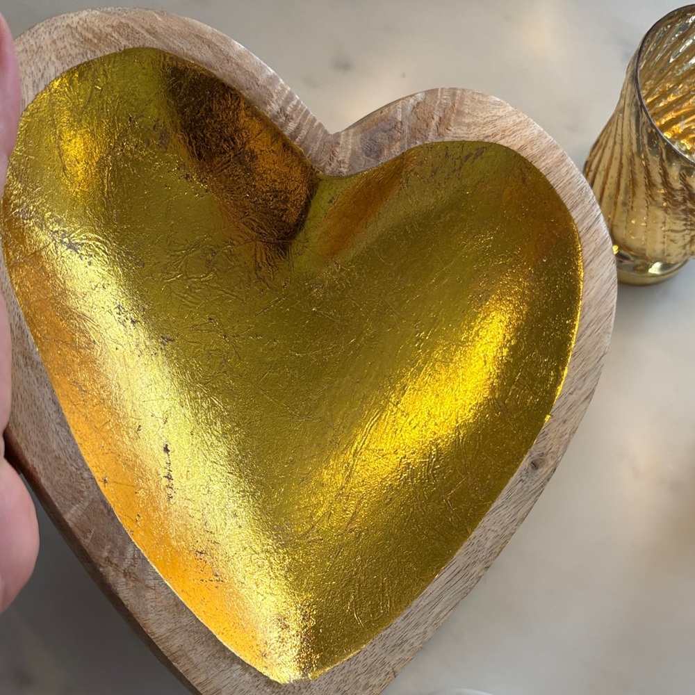 Gold Heart-Shaped Decorative wood bowl and marble heart with gold accent